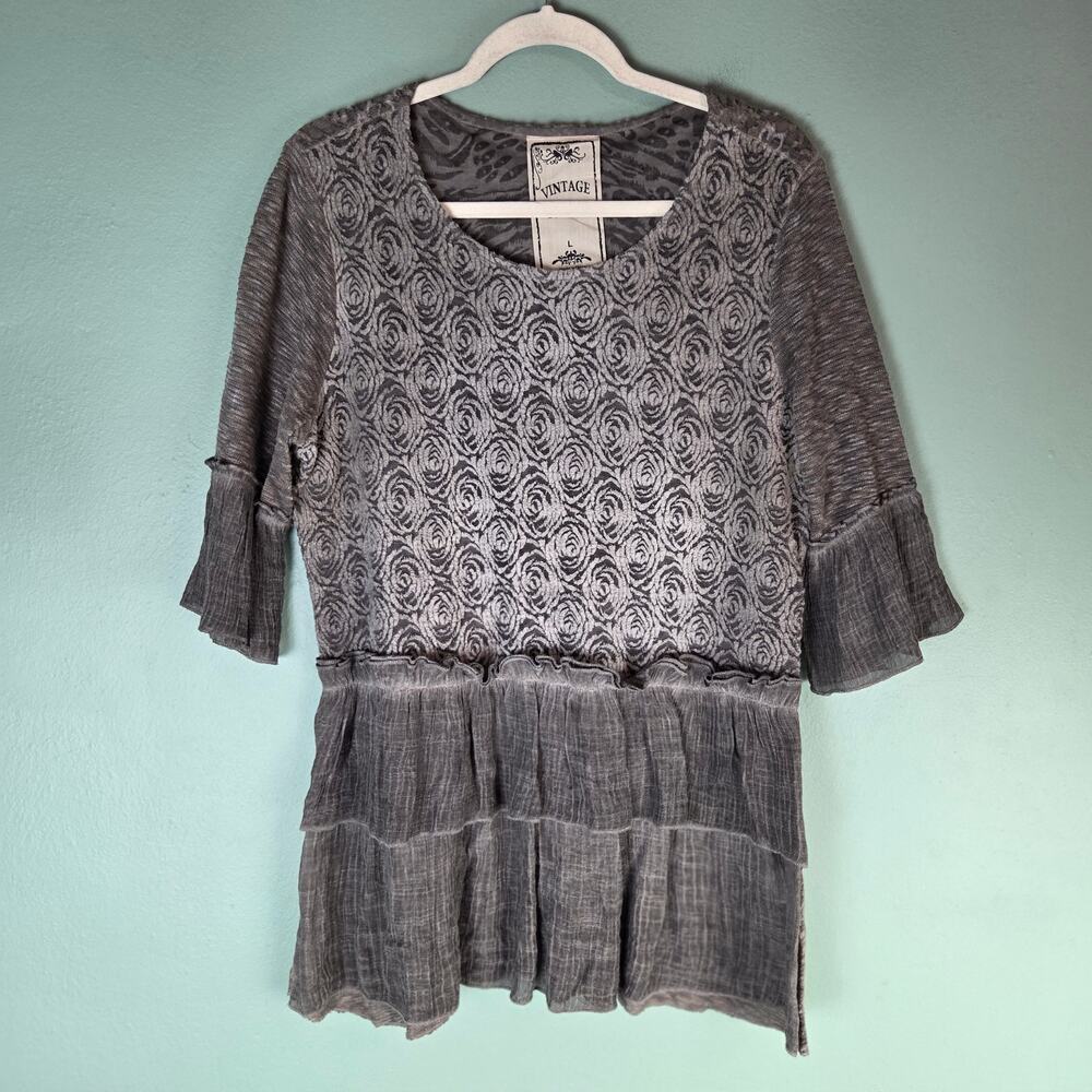 Vintage Concept Womens Large Textured Tunic Top Artsy Earthy Boho Lagenlook